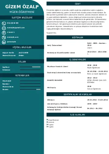 Müzik Öğretmeni Cv Örnekleri cv indir